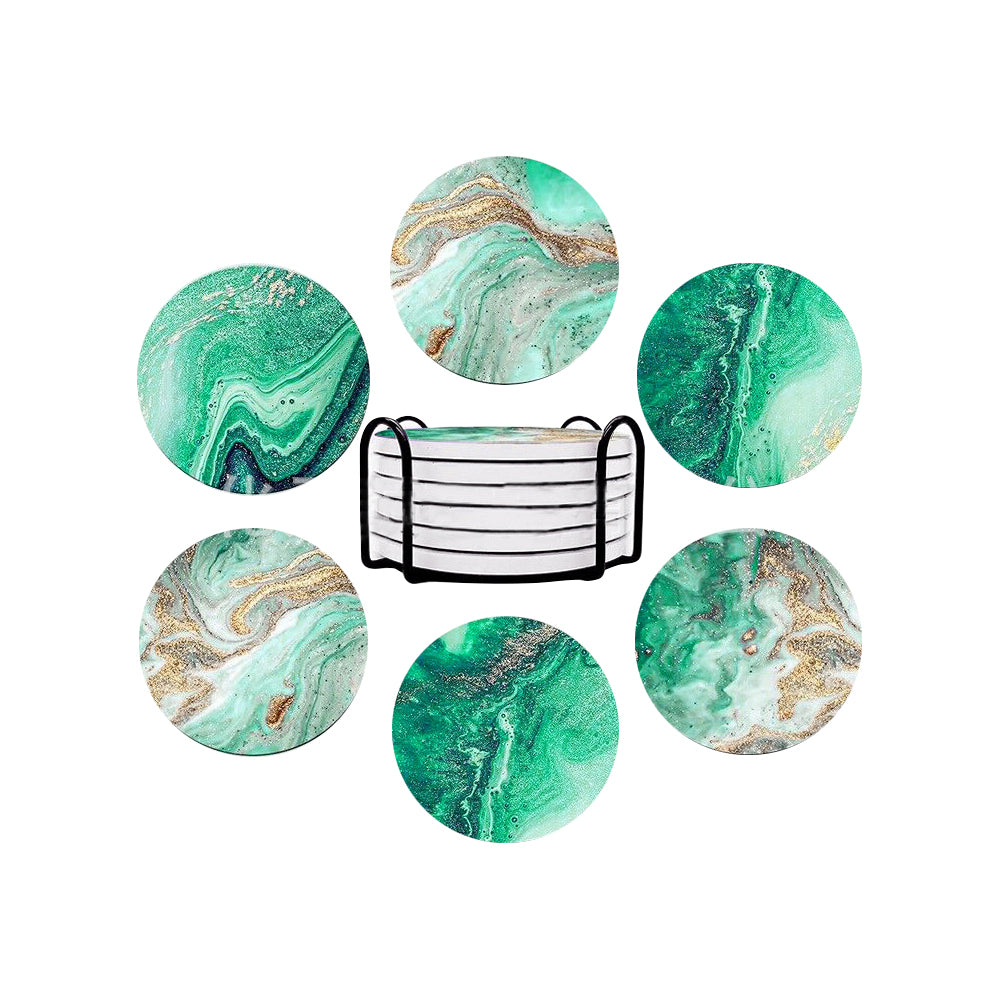 6Pcs Marble Textured Round Coasters with Cork Base and Metal Holder Set
