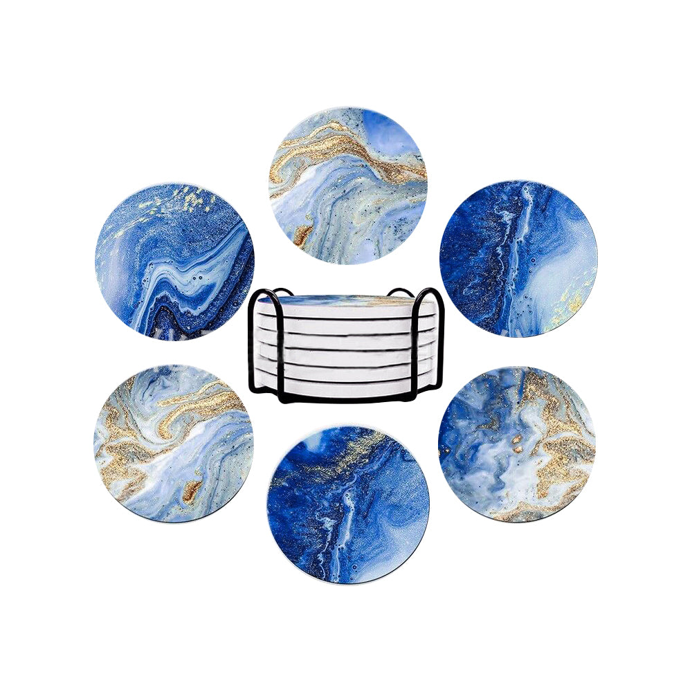 6Pcs Marble Textured Round Coasters with Cork Base and Metal Holder Set