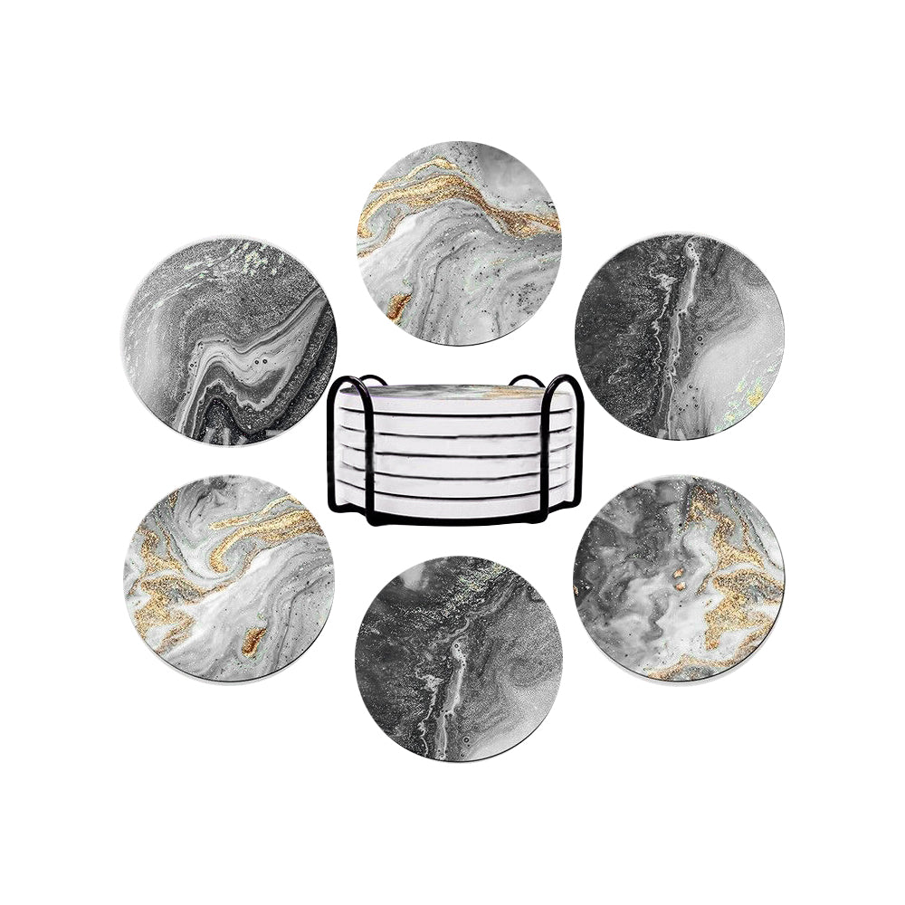 6Pcs Marble Textured Round Coasters with Cork Base and Metal Holder Set