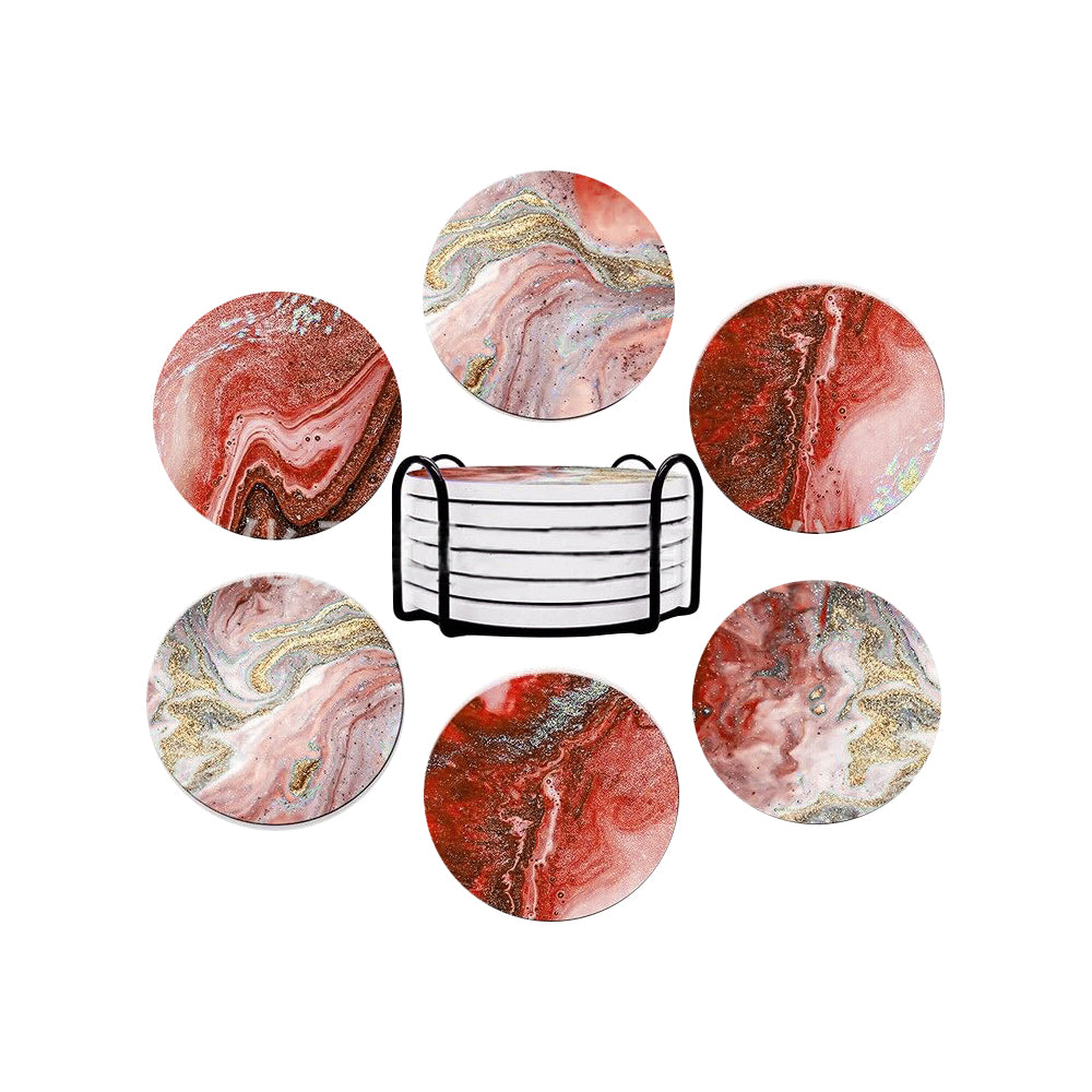6Pcs Marble Textured Round Coasters with Cork Base and Metal Holder Set