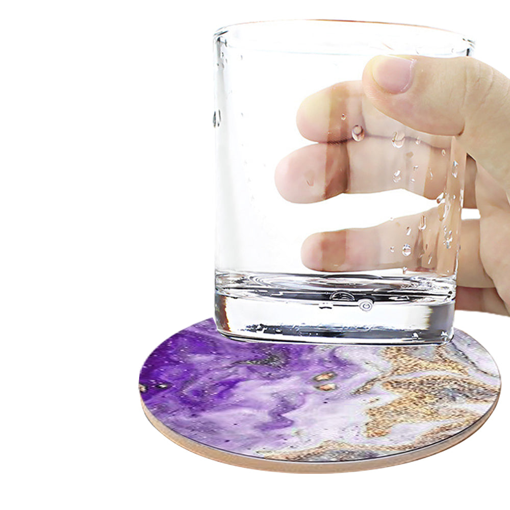 6Pcs Marble Textured Round Coasters with Cork Base and Metal Holder Set