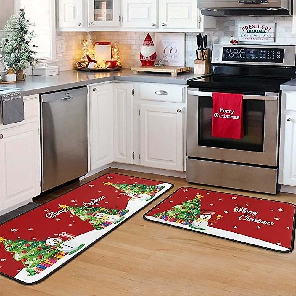 2Pcs 40X60+40X110CM Christmas Kitchen Washable Floor Mat-Christmas Tree