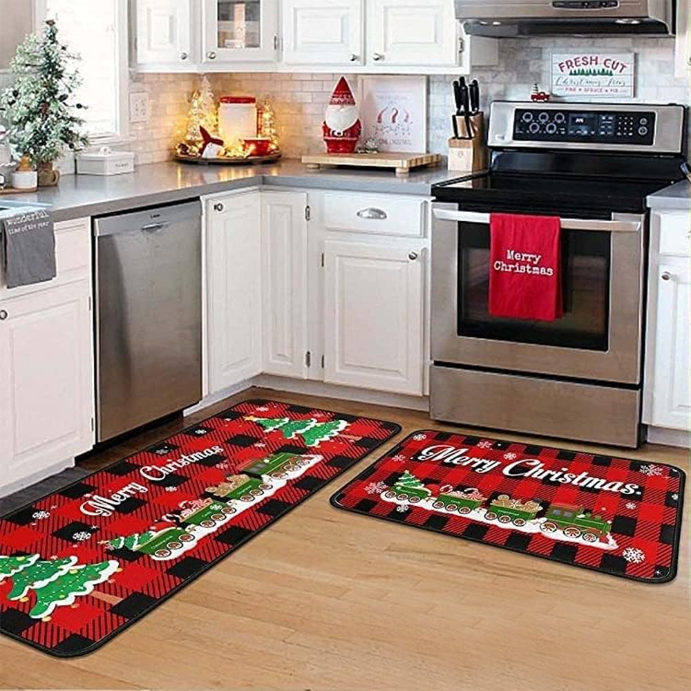 2Pcs 40X60+40X110CM Christmas Kitchen Washable Floor Mat-Train