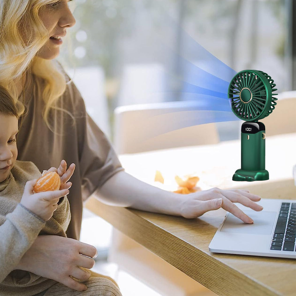 3-in-1 4000mAh 5 Speed USB Handheld Mini Folding Digital Display Fan with Lanyard and Base