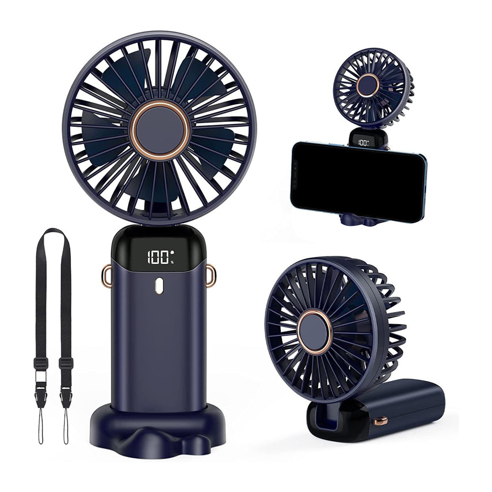 3-in-1 4000mAh 5 Speed USB Handheld Mini Folding Digital Display Fan with Lanyard and Base