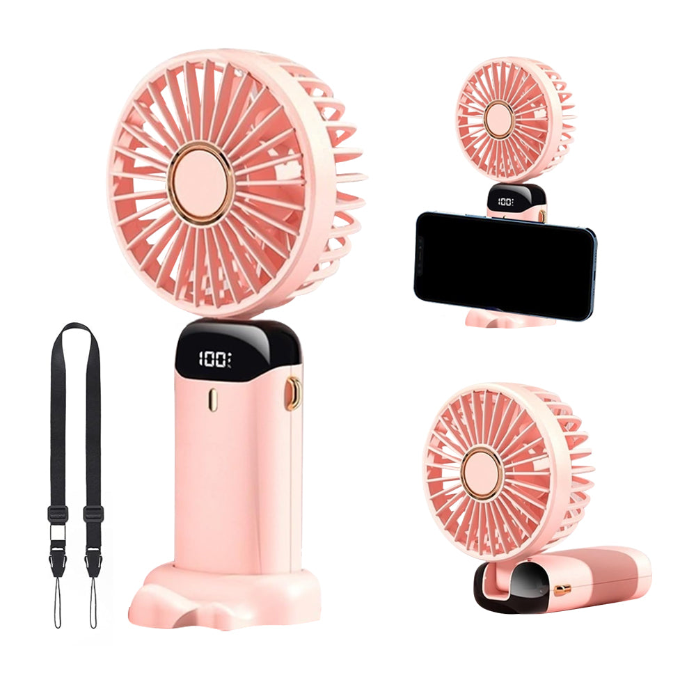 3-in-1 4000mAh 5 Speed USB Handheld Mini Folding Digital Display Fan with Lanyard and Base
