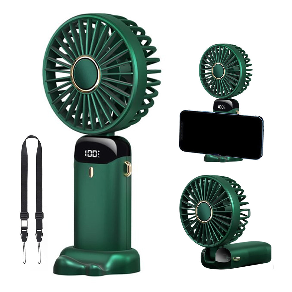 3-in-1 4000mAh 5 Speed USB Handheld Mini Folding Digital Display Fan with Lanyard and Base