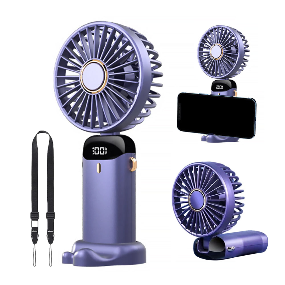 3-in-1 4000mAh 5 Speed USB Handheld Mini Folding Digital Display Fan with Lanyard and Base
