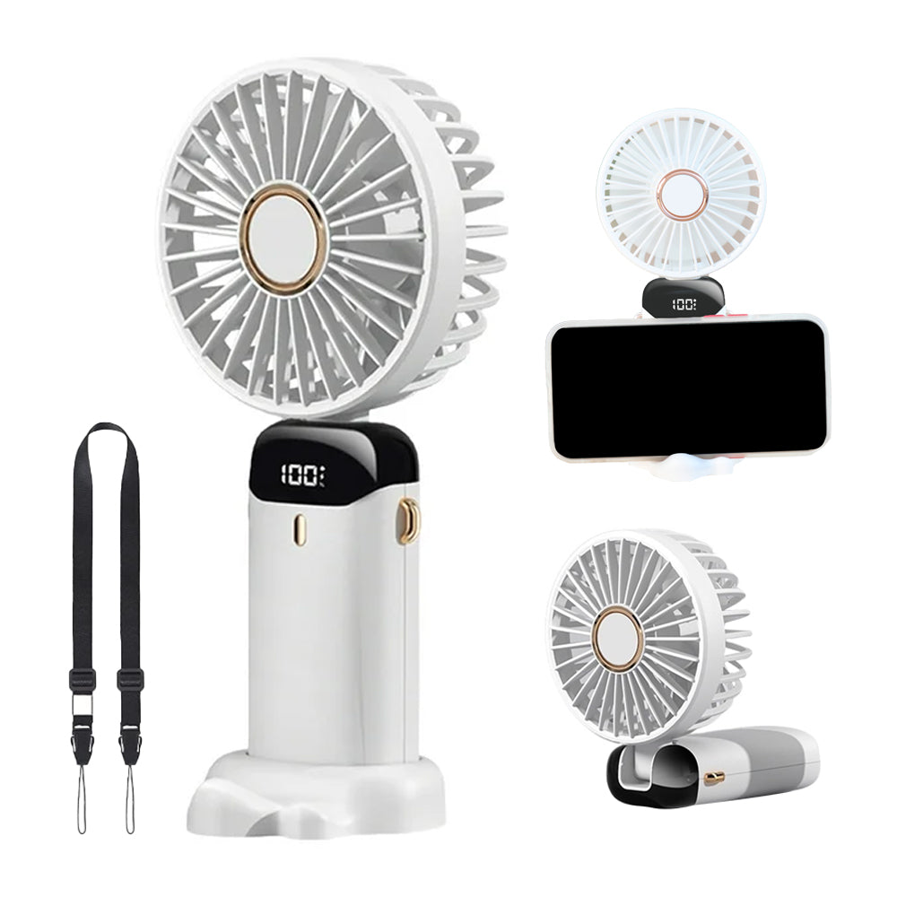 3-in-1 4000mAh 5 Speed USB Handheld Mini Folding Digital Display Fan with Lanyard and Base