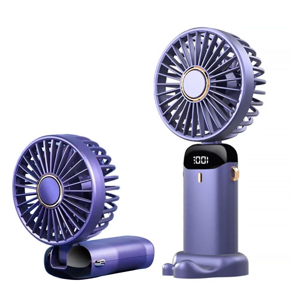 3-in-1 4000mAh 5 Speed USB Handheld Mini Folding Digital Display Fan with Lanyard and Base