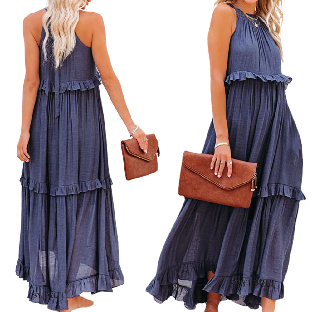 Women's Cotton Sleeveless Halter Neck Layered Ruffles Flowy Maxi Dress