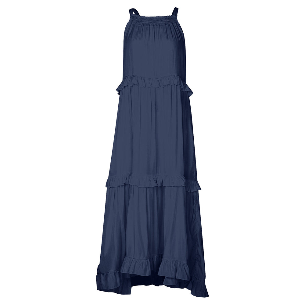 Women's Cotton Sleeveless Halter Neck Layered Ruffles Flowy Maxi Dress
