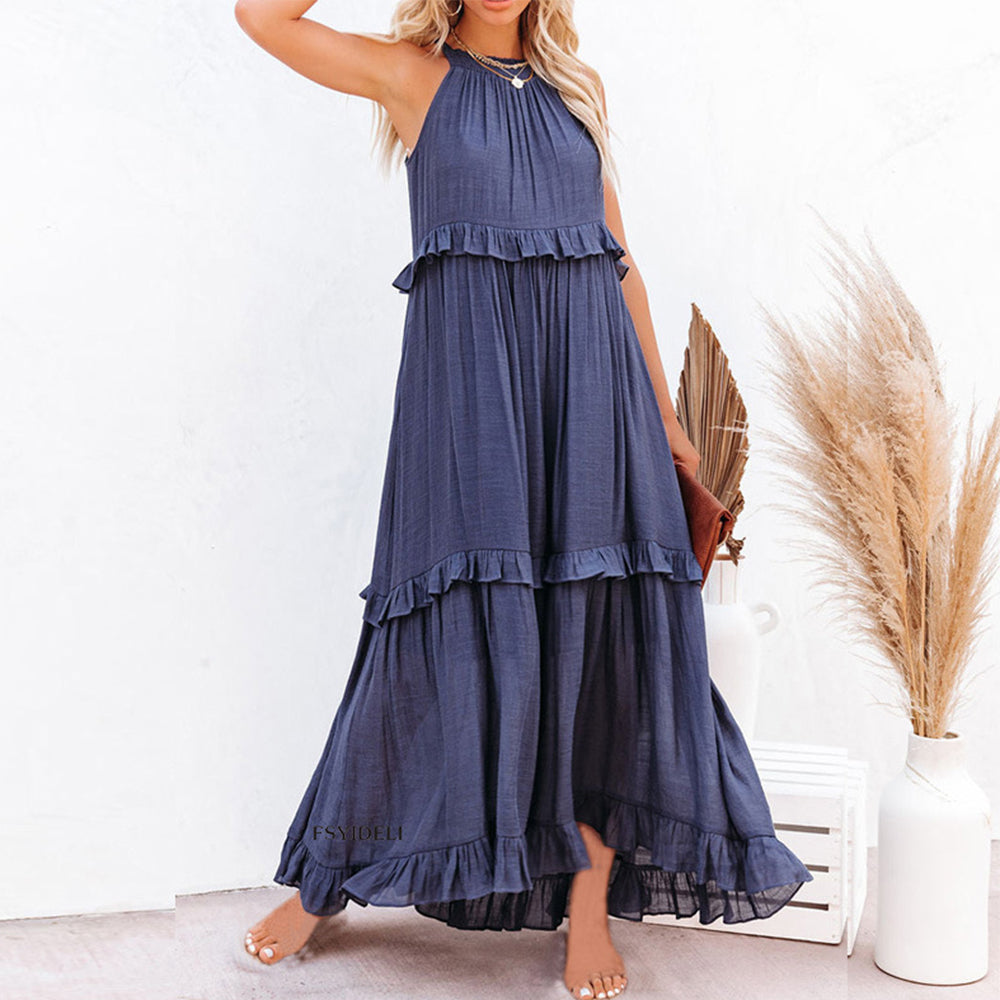 Women's Cotton Sleeveless Halter Neck Layered Ruffles Flowy Maxi Dress