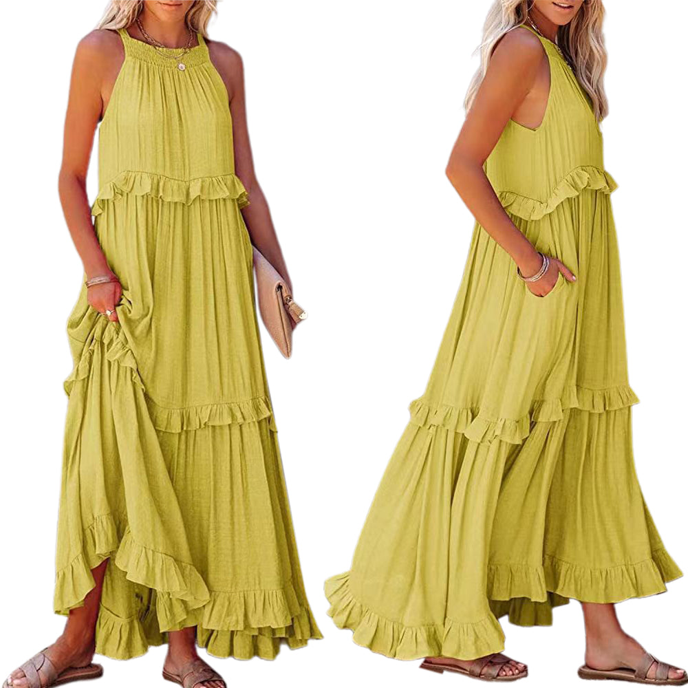 Women's Cotton Sleeveless Halter Neck Layered Ruffles Flowy Maxi Dress
