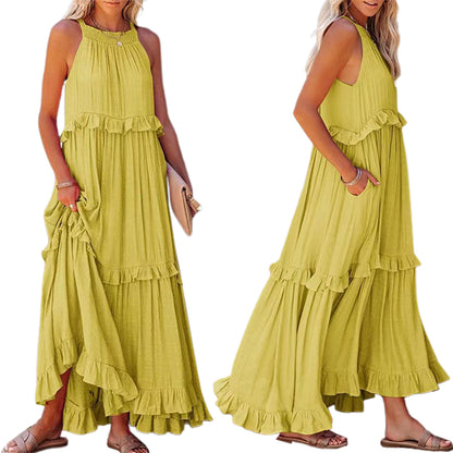 Women's Cotton Sleeveless Halter Neck Layered Ruffles Flowy Maxi Dress