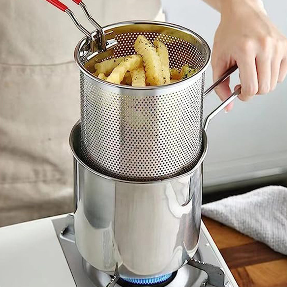 Stainless Steel Deep Fryer Pot with Strainer Basket and Tong
