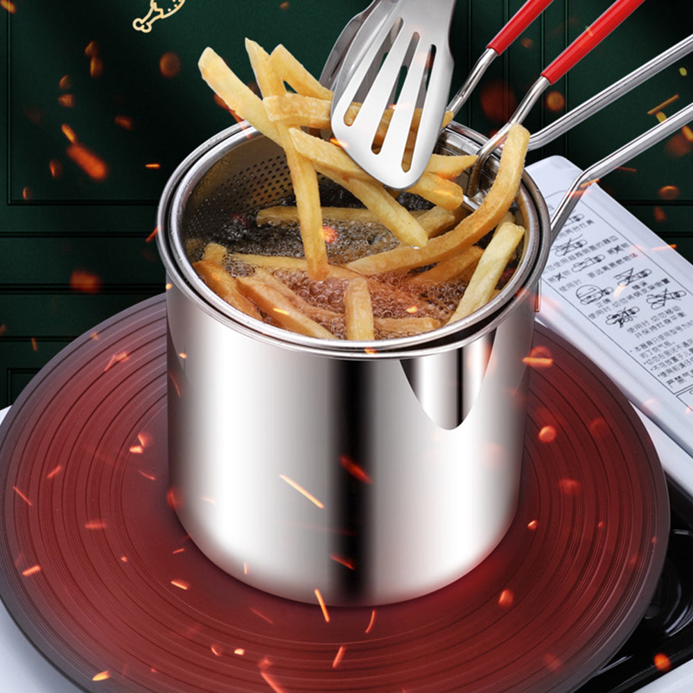 Stainless Steel Deep Fryer Pot with Strainer Basket and Tong