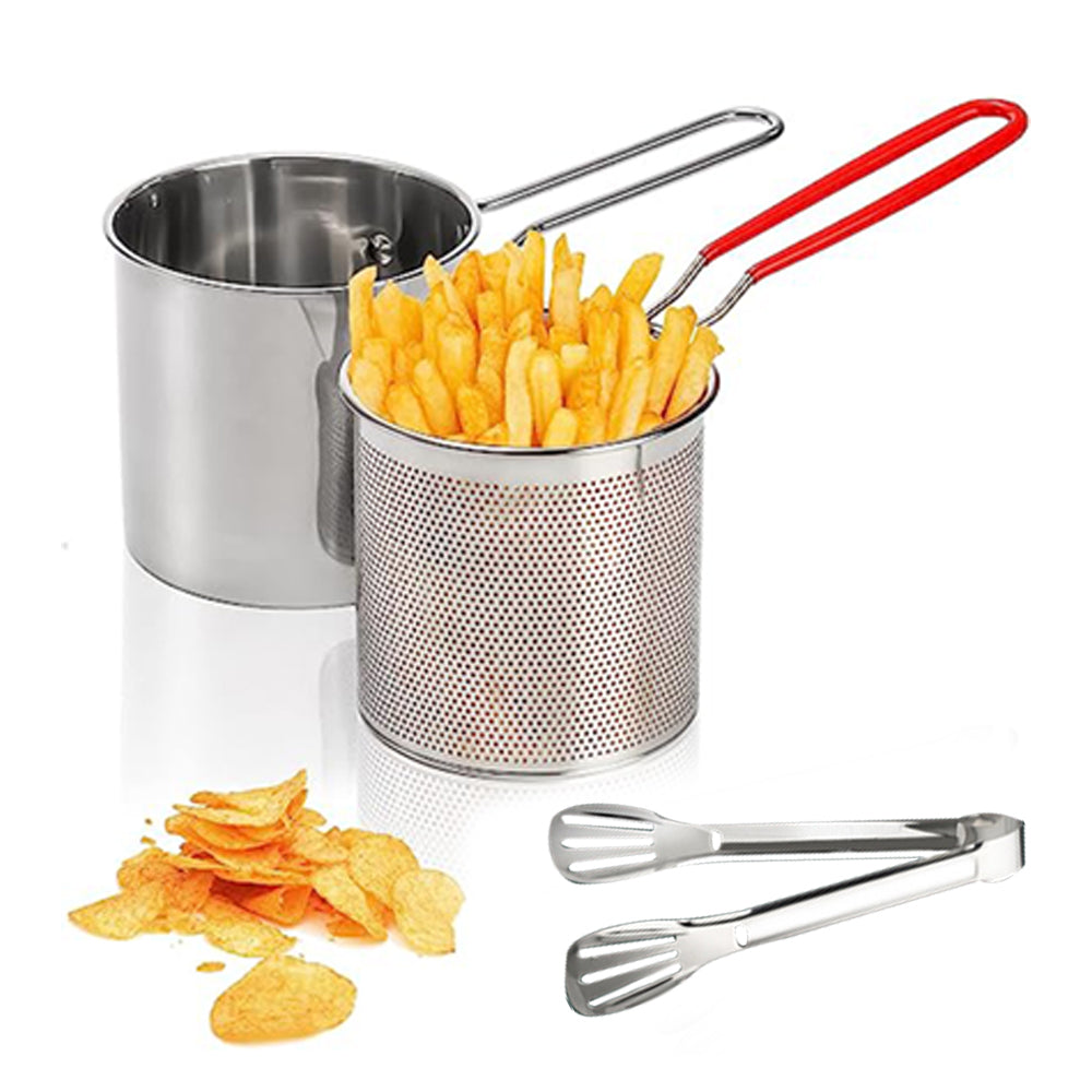 Stainless Steel Deep Fryer Pot with Strainer Basket and Tong