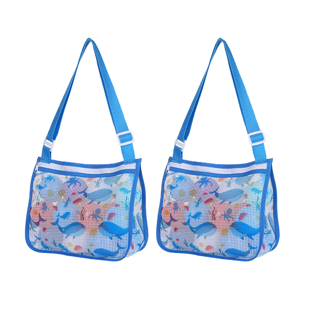 2Pcs Beach Seashell Collection Mesh Storage Bag with Adjustable Strap and Zipper for Kids