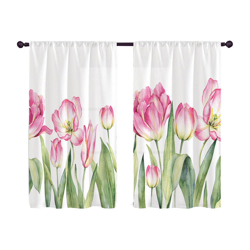 2Pcs Kitchen Curtains Watercolor Floral Kitchen Curtains Flower Plant Window Curtains