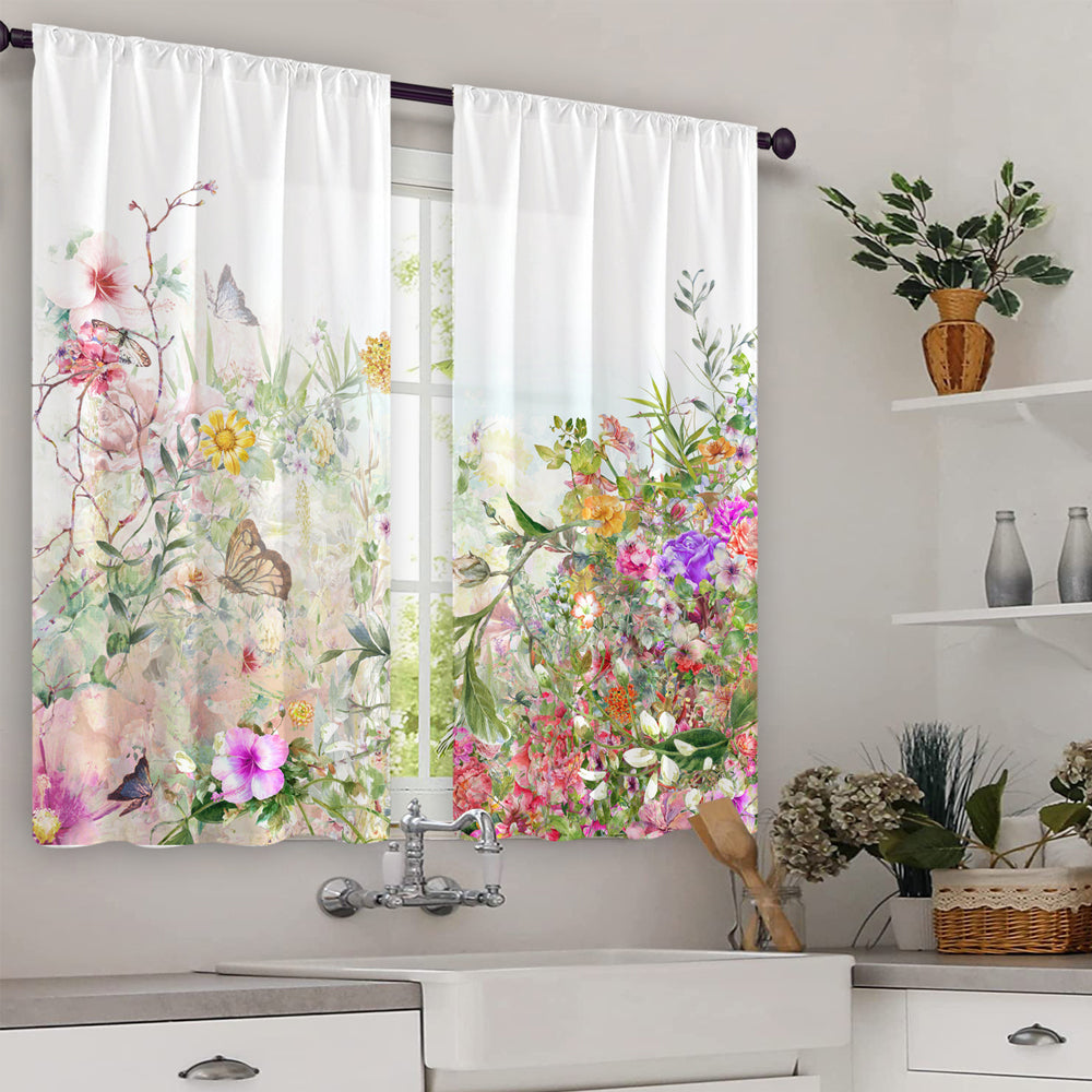 2Pcs Kitchen Curtains Watercolor Floral Kitchen Curtains Flower Plant Window Curtains