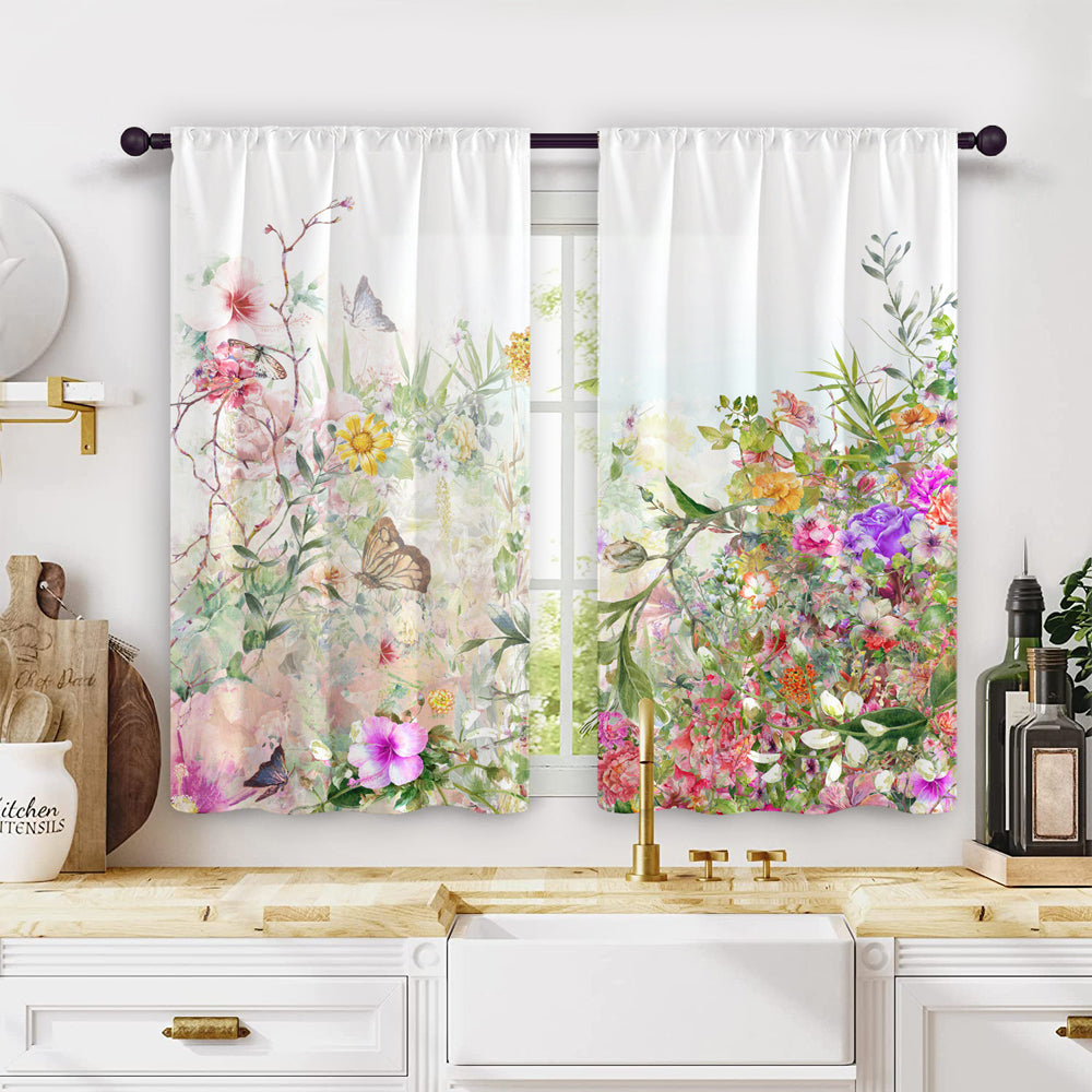 2Pcs Kitchen Curtains Watercolor Floral Kitchen Curtains Flower Plant Window Curtains