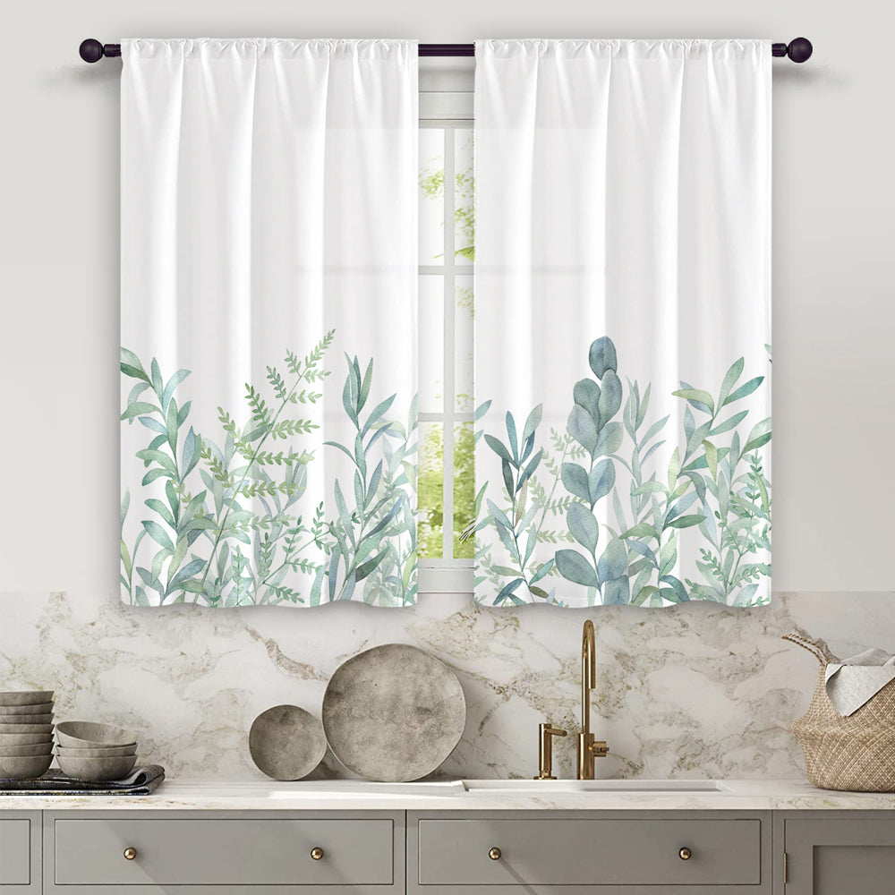 2Pcs Kitchen Curtains Watercolor Floral Kitchen Curtains Flower Plant Window Curtains