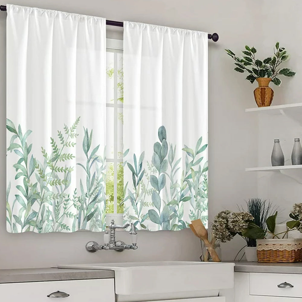 2Pcs Kitchen Curtains Watercolor Floral Kitchen Curtains Flower Plant Window Curtains