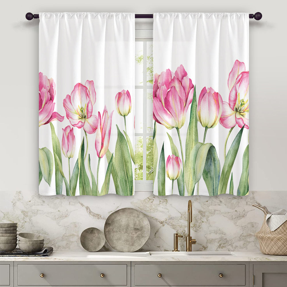 2Pcs Kitchen Curtains Watercolor Floral Kitchen Curtains Flower Plant Window Curtains