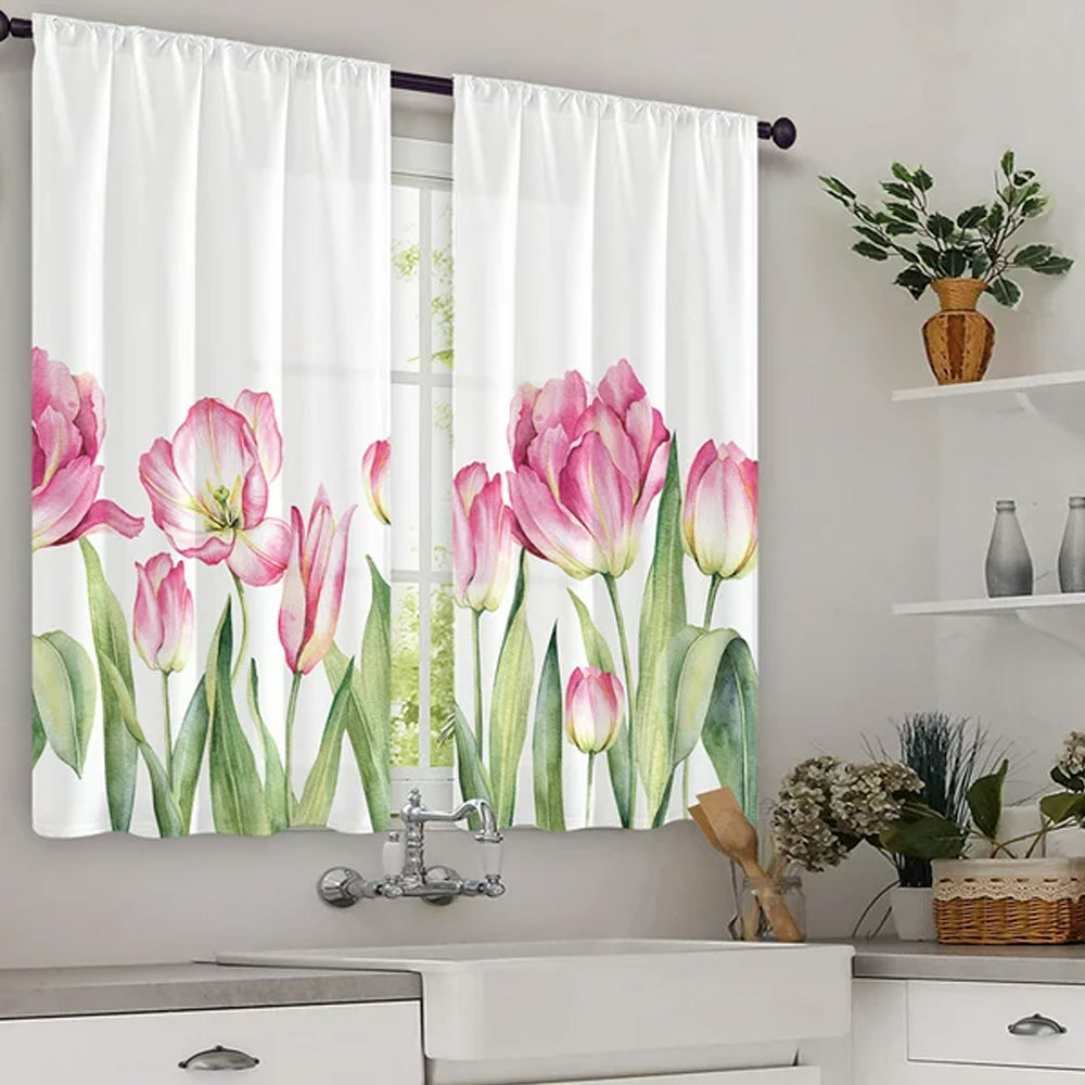 2Pcs Kitchen Curtains Watercolor Floral Kitchen Curtains Flower Plant Window Curtains
