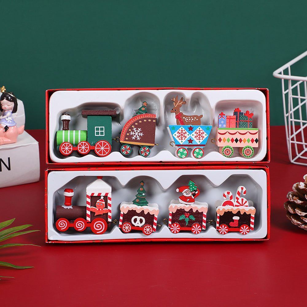 2Pcs DIY Christmas Train Painted Wooden Mini Xmas Decoration for Festival Decor