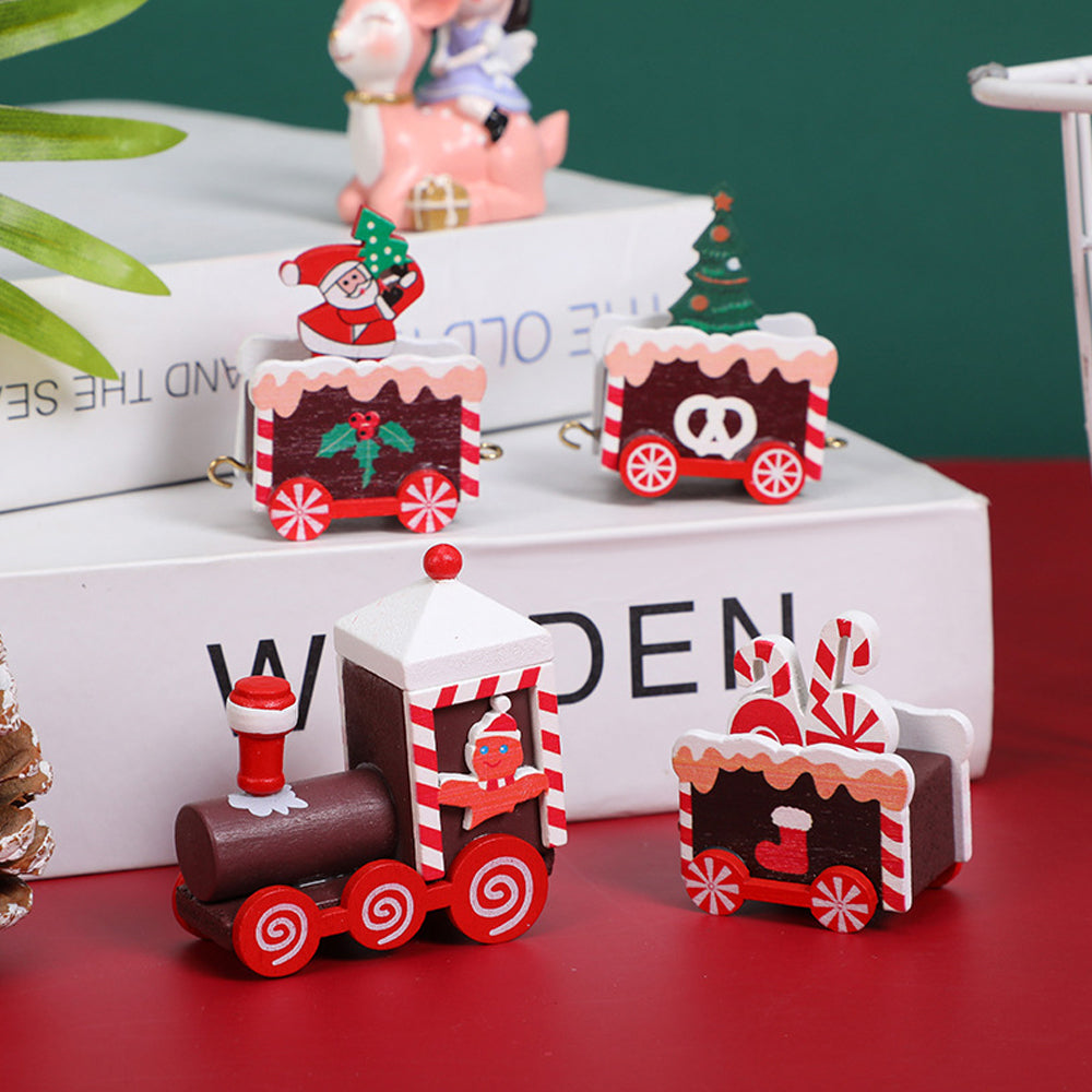 2Pcs DIY Christmas Train Painted Wooden Mini Xmas Decoration for Festival Decor