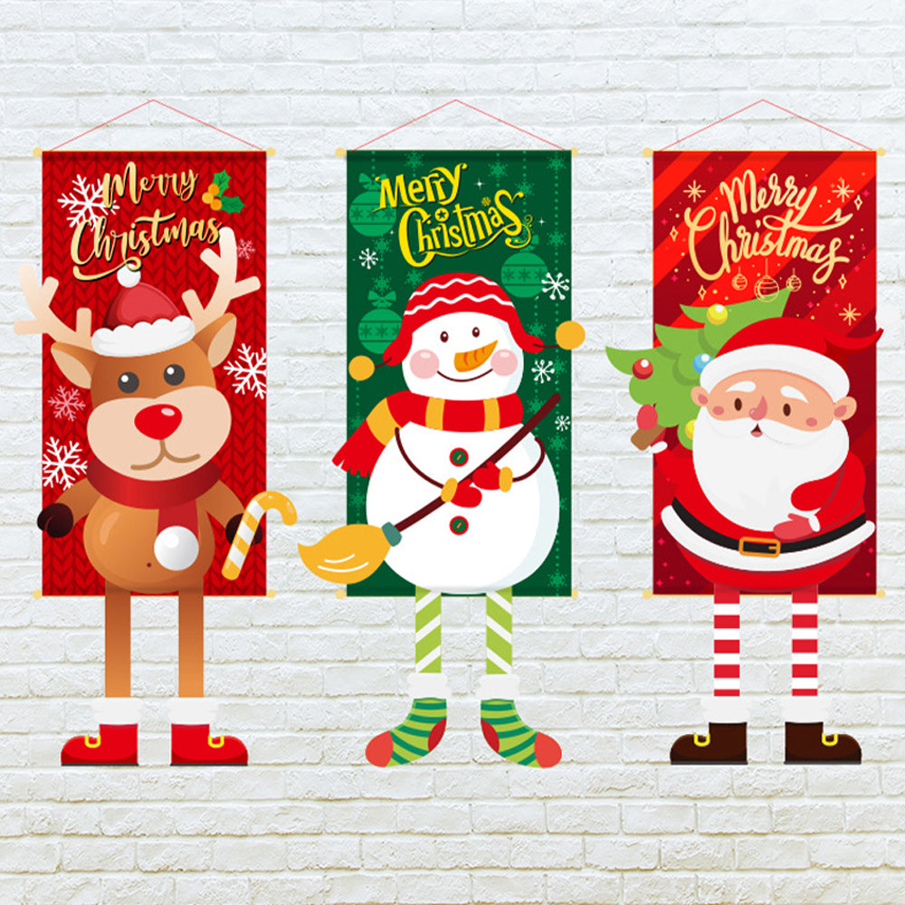 Merry Christmas Fabric Flag Santa Claus Snowman Banner Xmas Door Porch Hanging Decoration-Elk+Green Snowman+Red Santa Claus