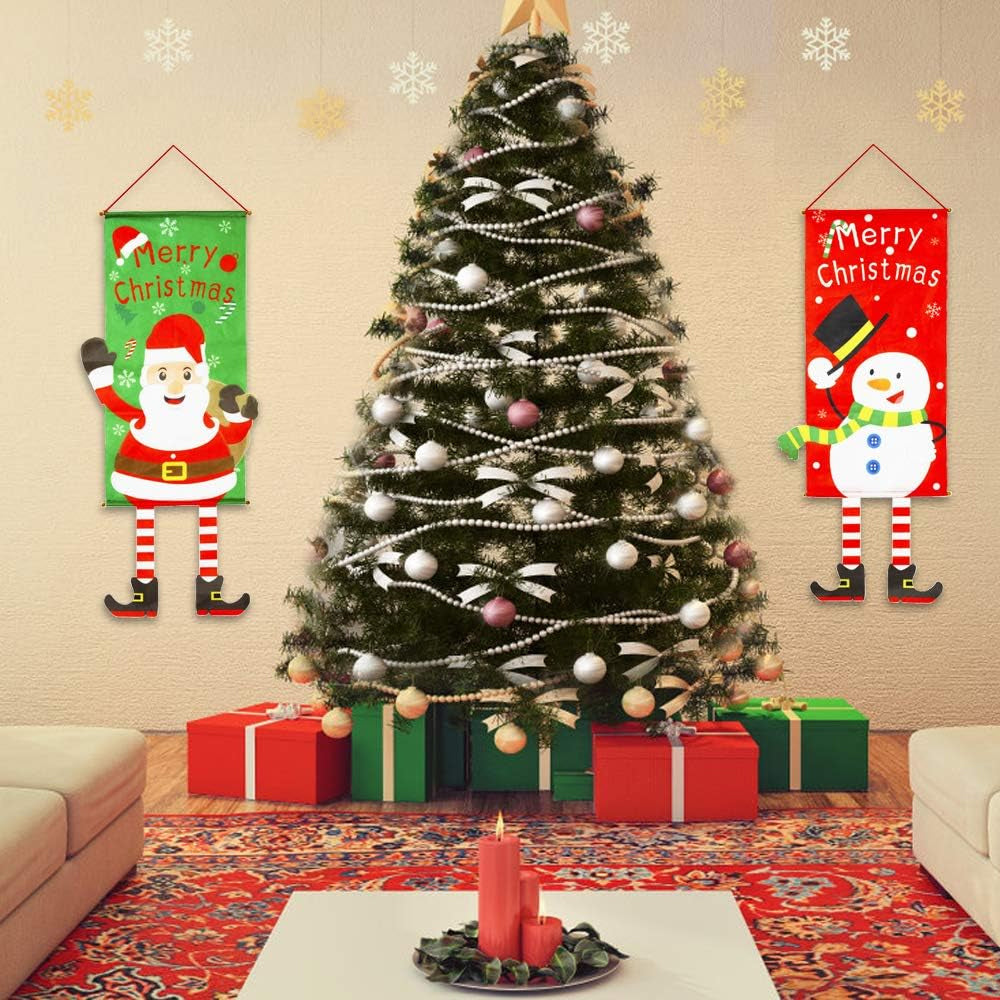 Merry Christmas Fabric Flag Santa Claus Snowman Banner Xmas Door Porch Hanging Decoration-Green Santa Claus+Red Snowman+Elf