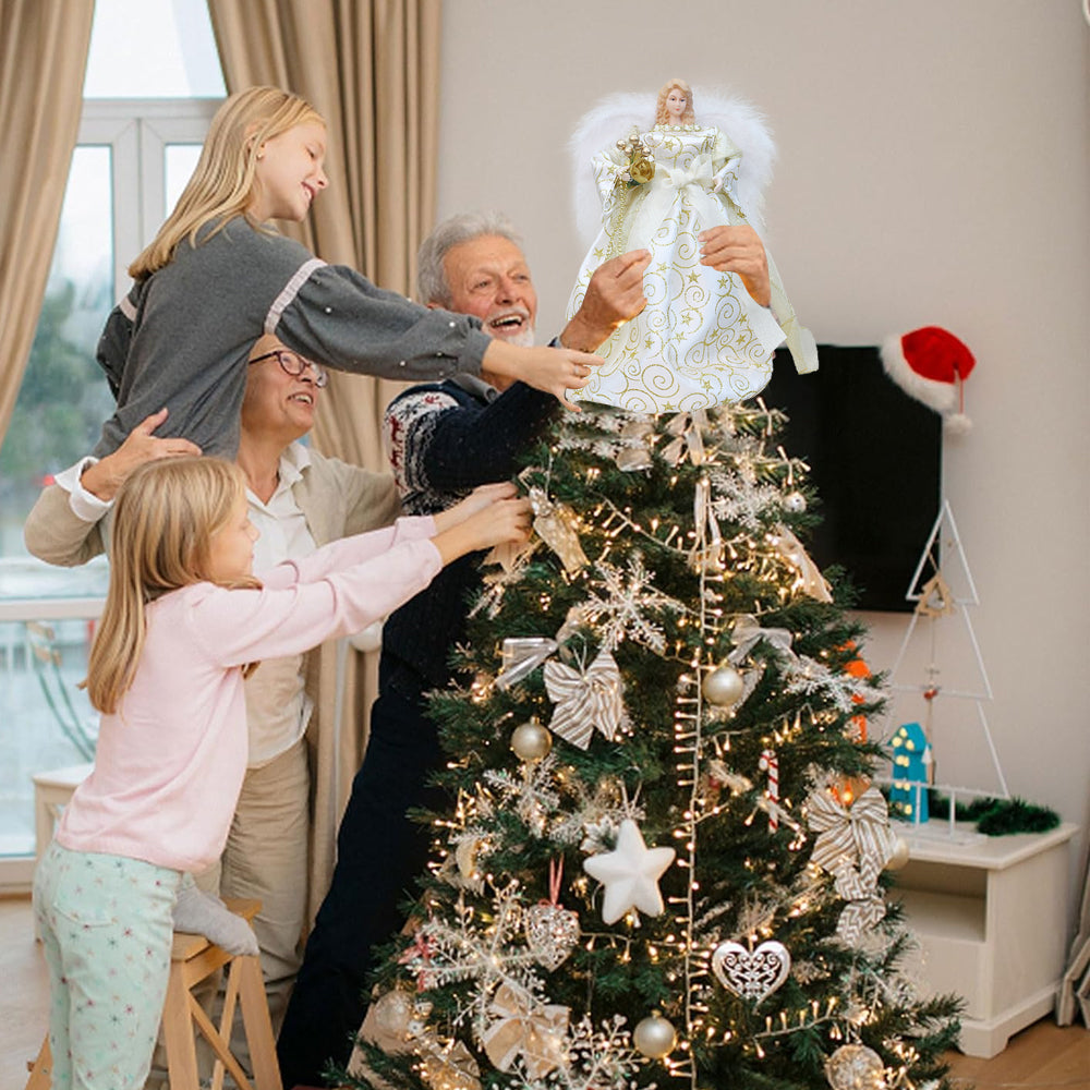 Angel Christmas Tree Topper Ornament with White Wings Treetop Angel for Xmas Decoration