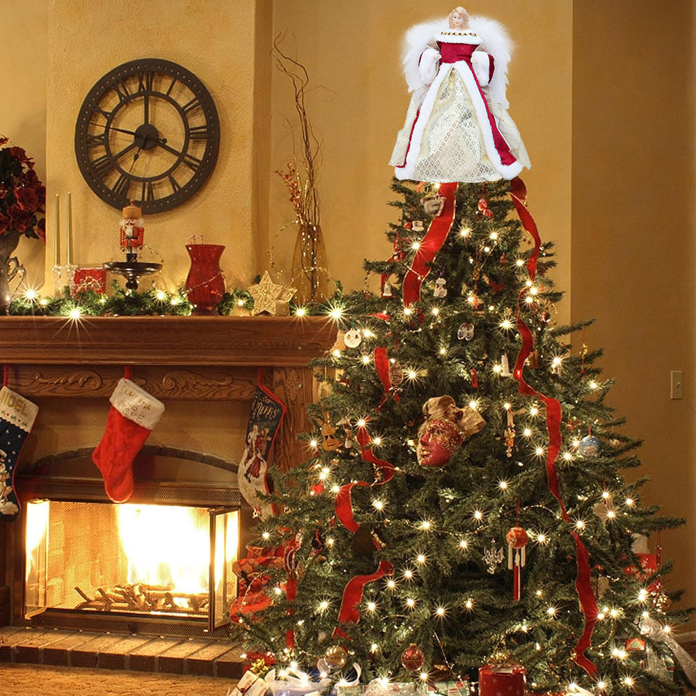 Angel Christmas Tree Topper Ornament with White Wings Treetop Angel for Xmas Decoration