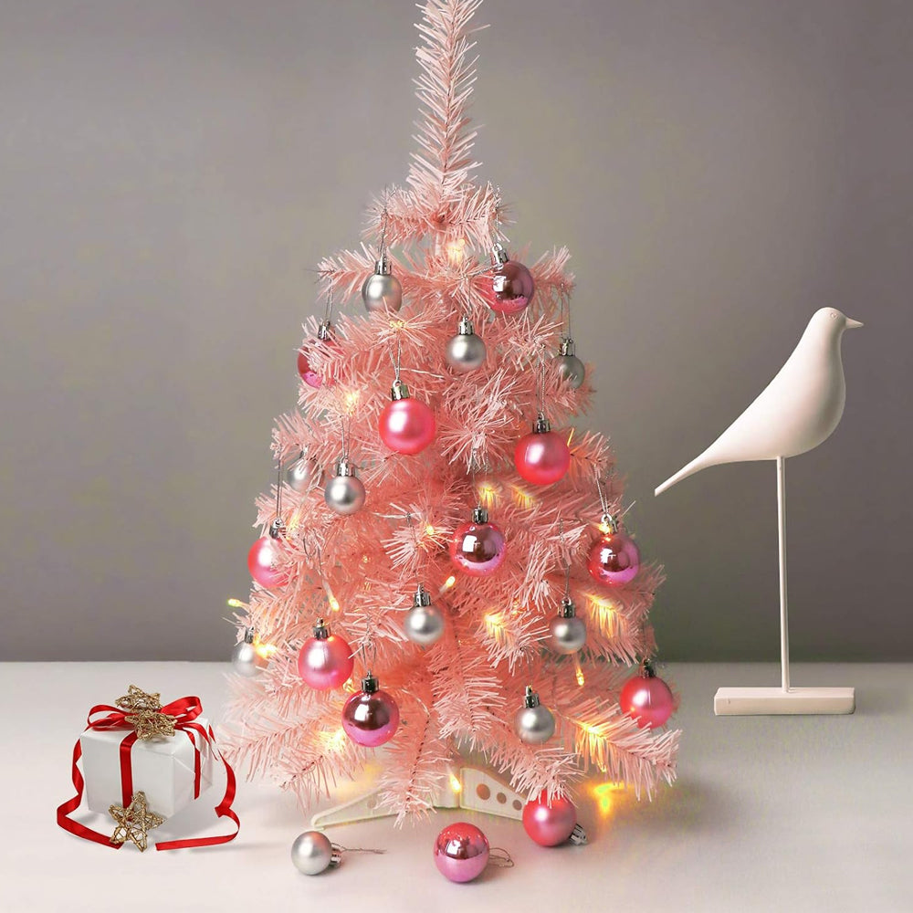 45CM Mini Small Pink Tabletop Stand Christmas Tree with Balls and Lights