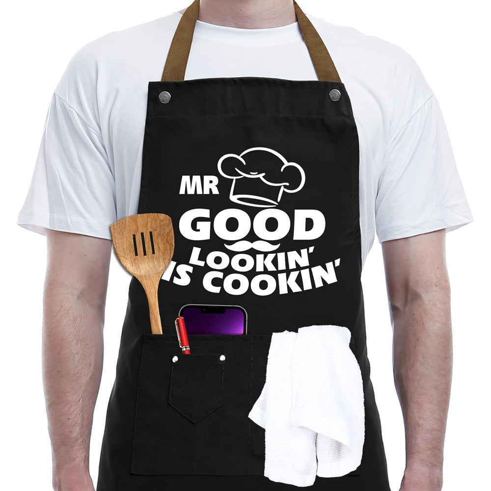 Kitchen Letters Printed Adjustable Cooking Aprons with 3 Pockets-Good Looking is Cooking