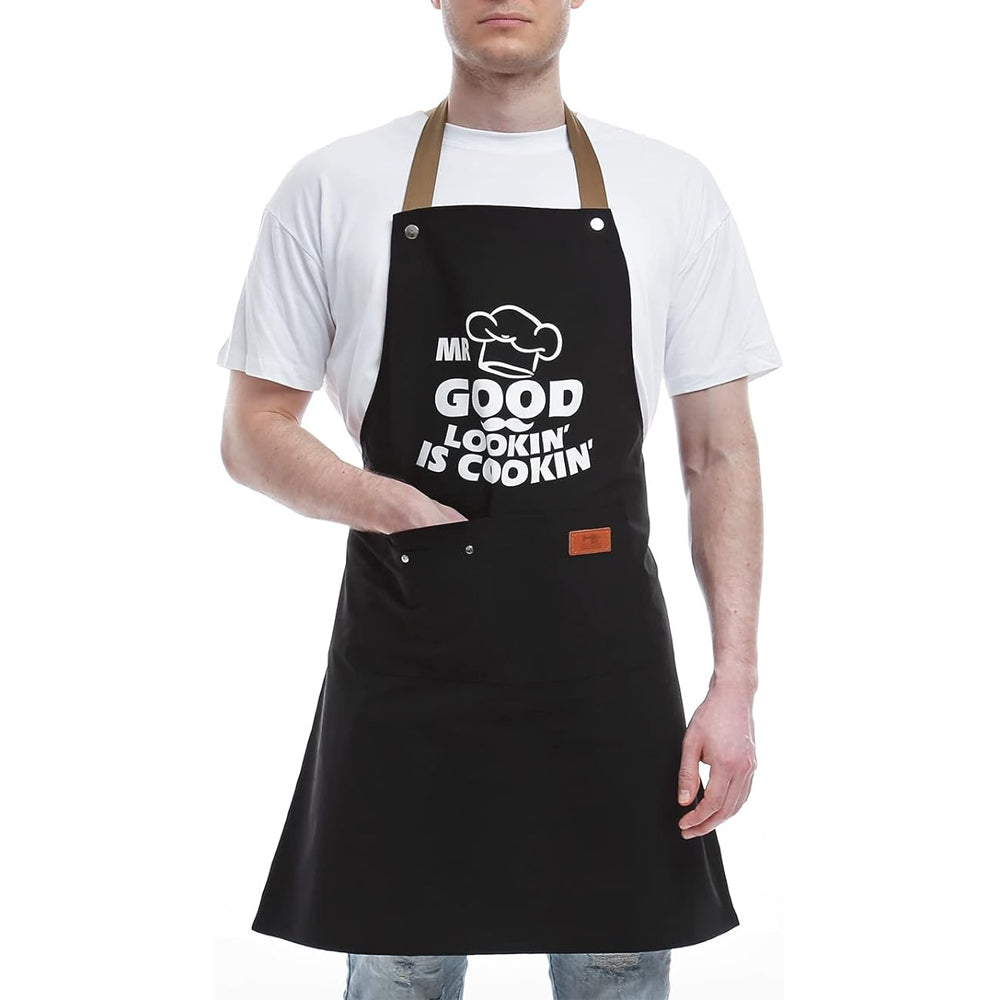 Kitchen Letters Printed Adjustable Cooking Aprons with 3 Pockets-Good Looking is Cooking