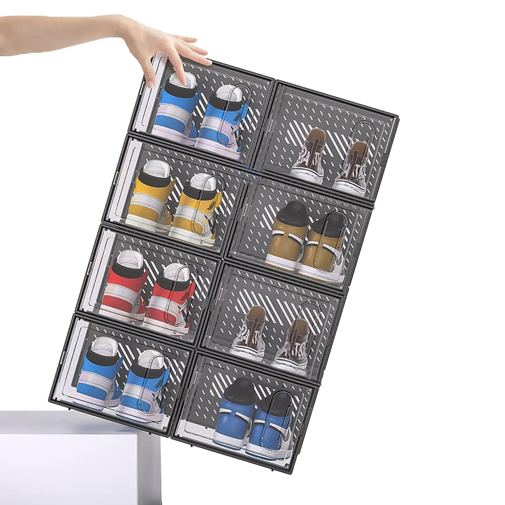 4PCs Clear Plastic Stackable Shoe Storage Boxes with Adsorbable Iron Door