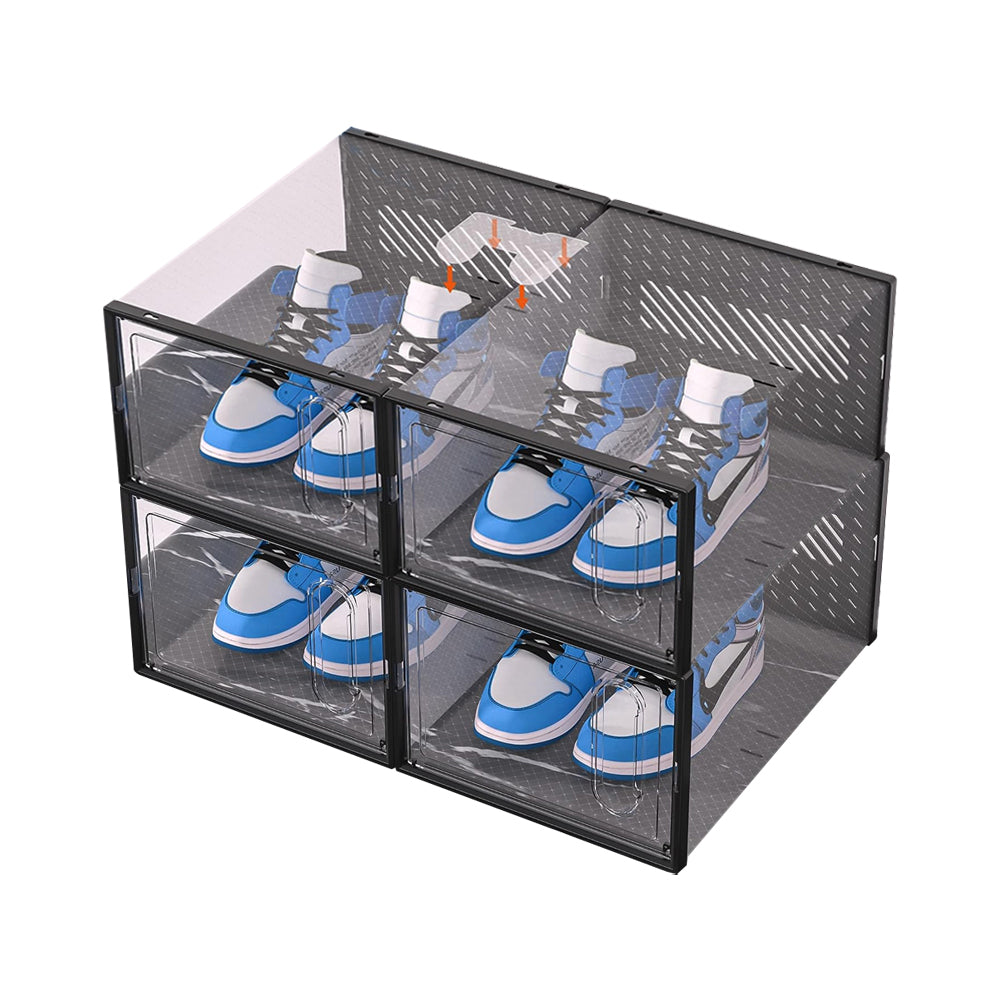 4PCs Clear Plastic Stackable Shoe Storage Boxes with Adsorbable Iron Door