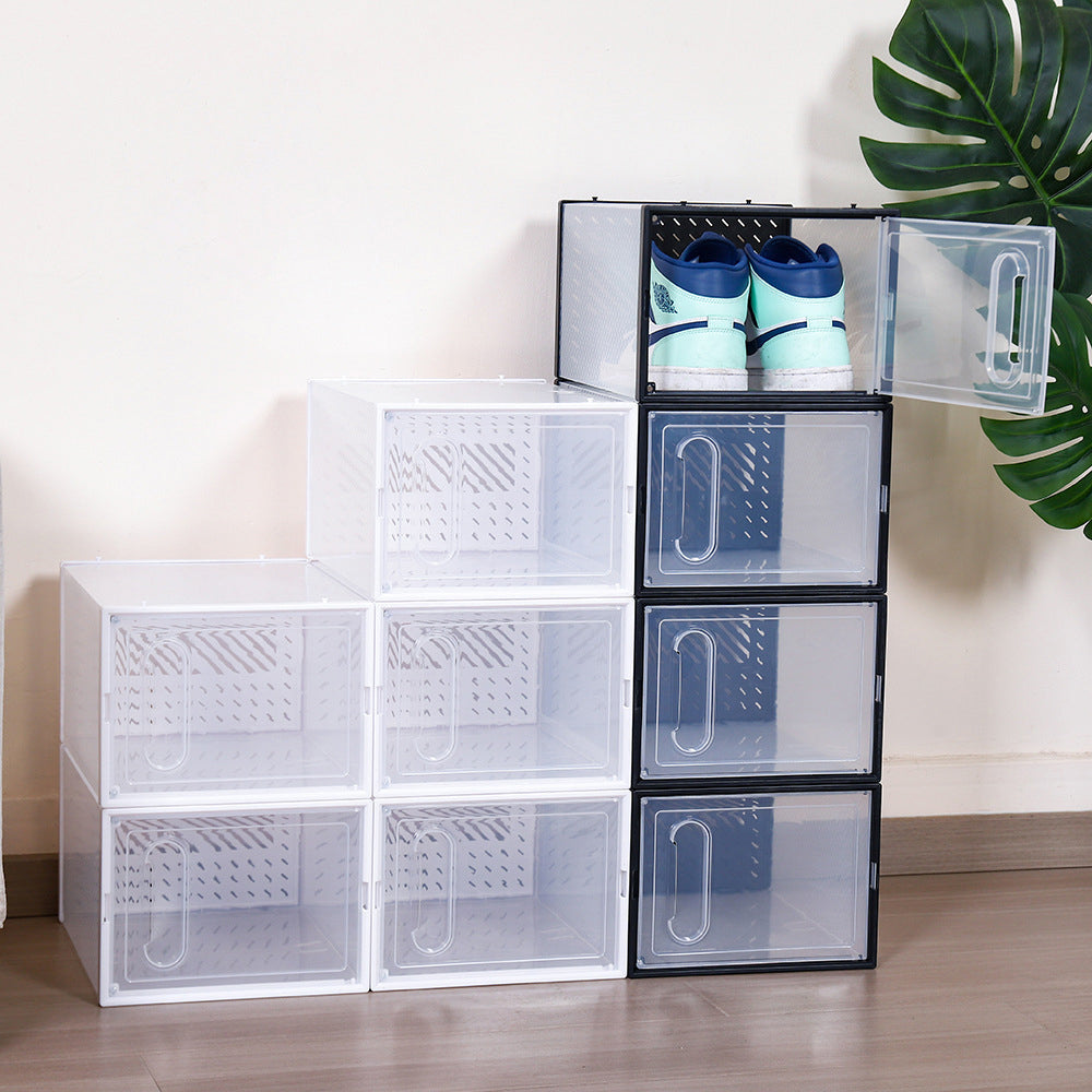 4PCs Clear Plastic Stackable Shoe Storage Boxes with Adsorbable Iron Door