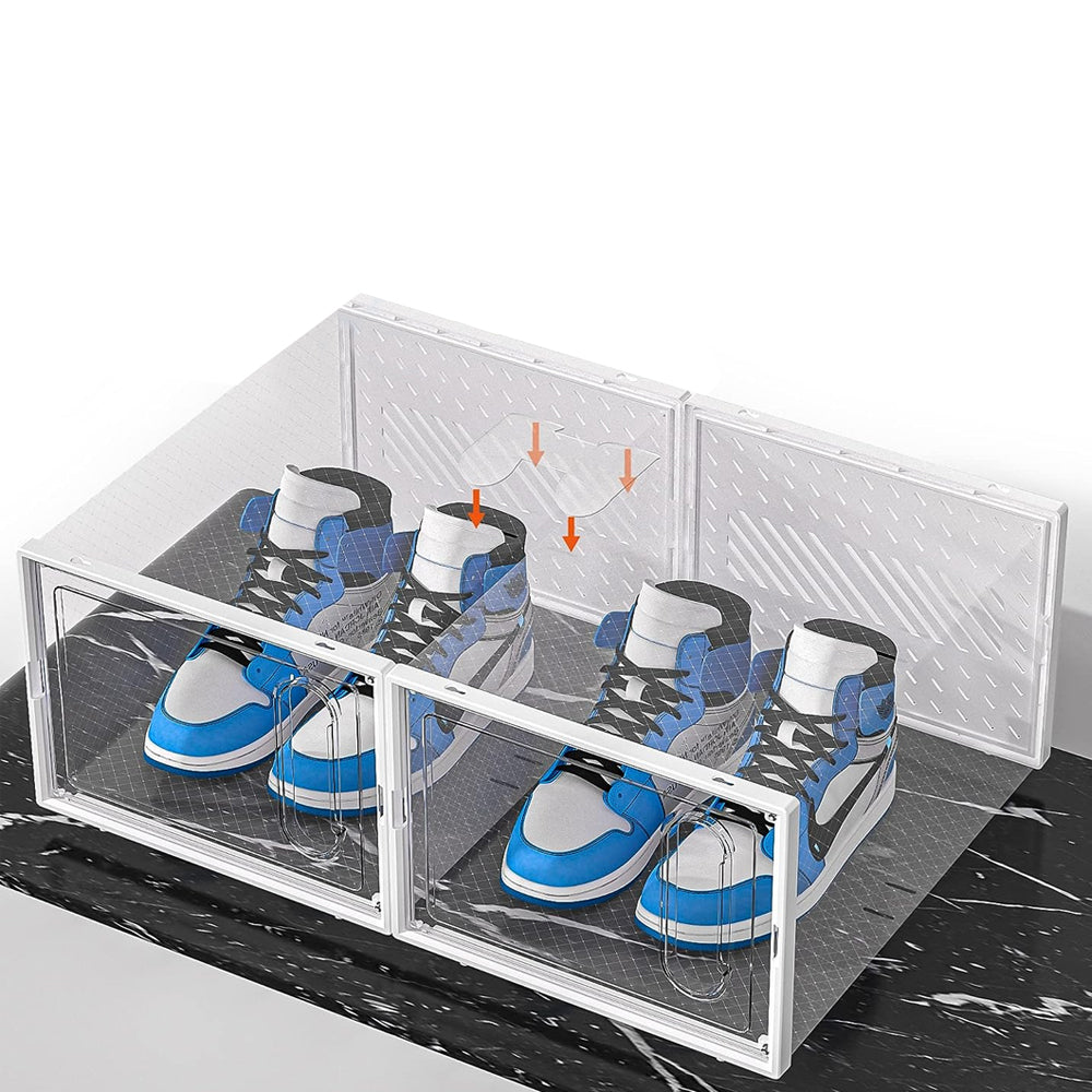 4PCs Clear Plastic Stackable Shoe Storage Boxes with Adsorbable Iron Door
