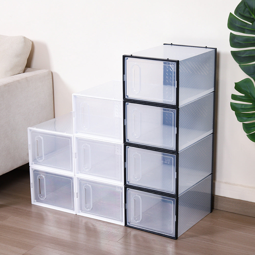 4PCs Clear Plastic Stackable Shoe Storage Boxes with Adsorbable Iron Door
