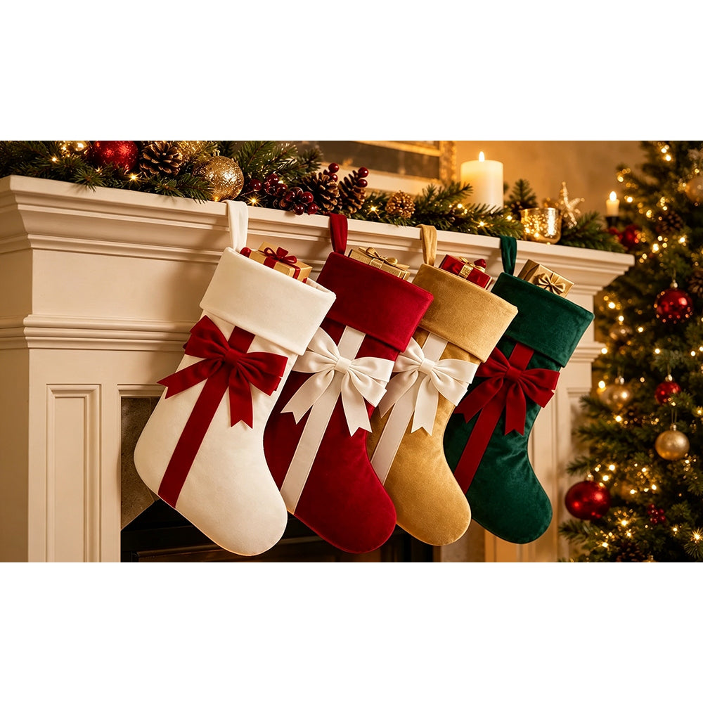 4 PCS Velvet Christmas Stockings with Bows for Fireplace Hanging Decor