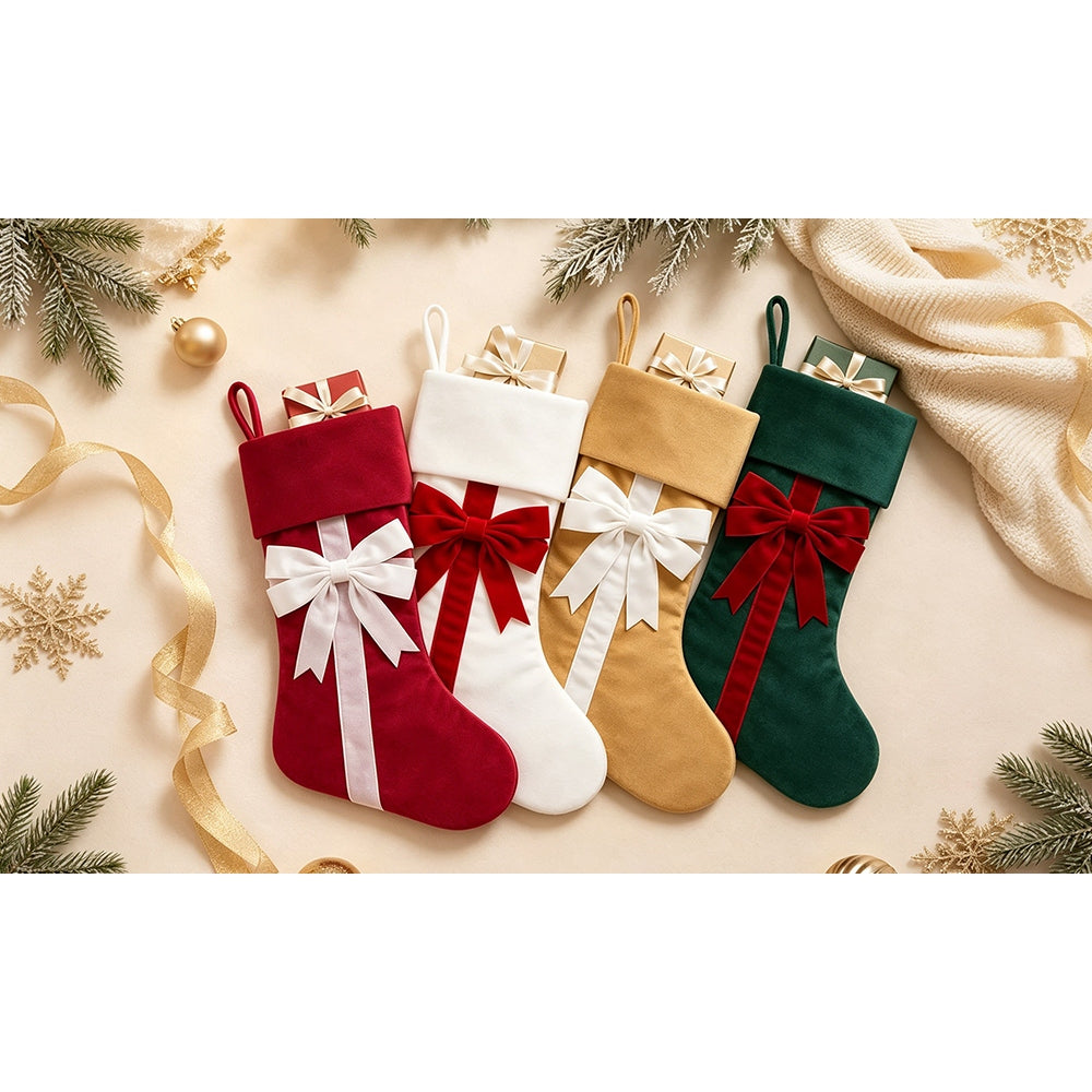 4 PCS Velvet Christmas Stockings with Bows for Fireplace Hanging Decor