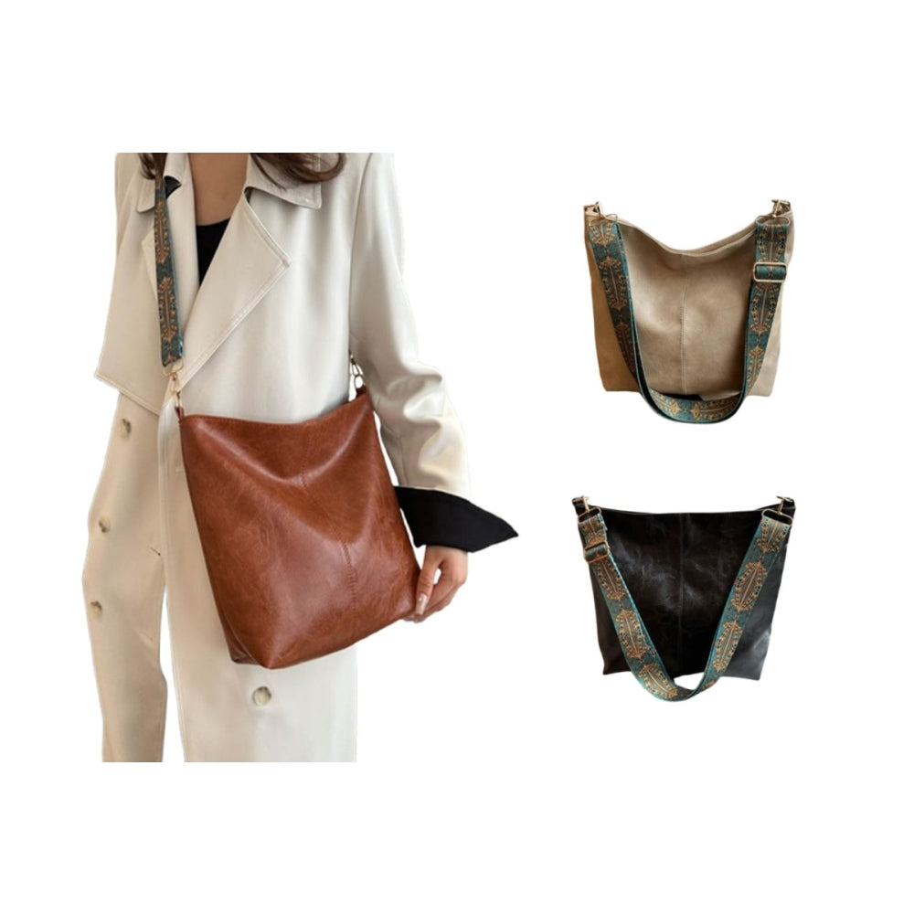 PU Leather High-Capacity Shoulder Sling Bag with Simple Adjustable Wide Strap