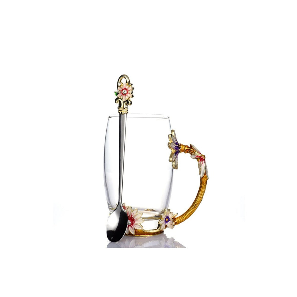 Colorful Flower Glass Teacup with Spoon