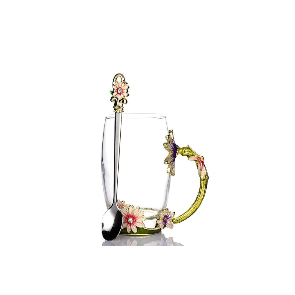 Colorful Flower Glass Teacup with Spoon