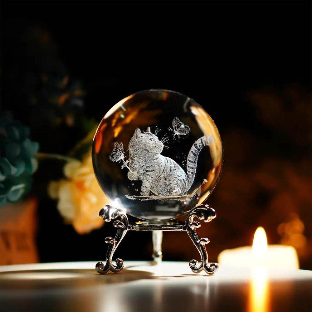 60mm 3D Laser Engraved Crystal Ball Cat Decoration Gift